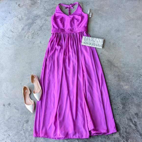 White by Vera Wang Purple V-Neck Halter Neck Belted Maxi Bridesmaid Gown size 12 - Picture 1 of 14